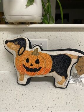 NWT.  Hallow’s Eve, beaded dachshund decorative pillow.
